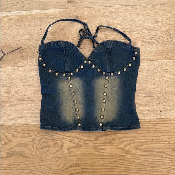 SHEIN - Studded Corset Style Crop Top in Denim Blue - Picture 1 of 2